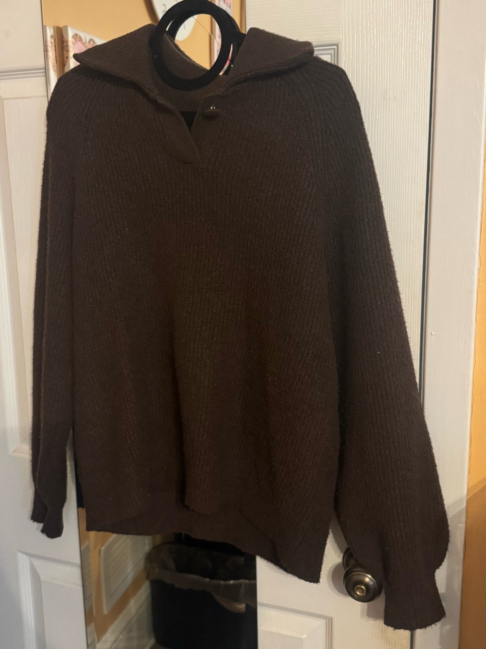 aerie Women's V-Neck Dark Brown Knit Sweater with Shawl Collar